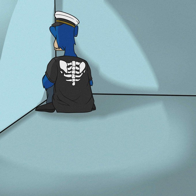 An illustrated blue bird character wearing a captain's hat and a black shirt with a white ribcage/skeleton design sits alone in the corner of a minimalist blue room.