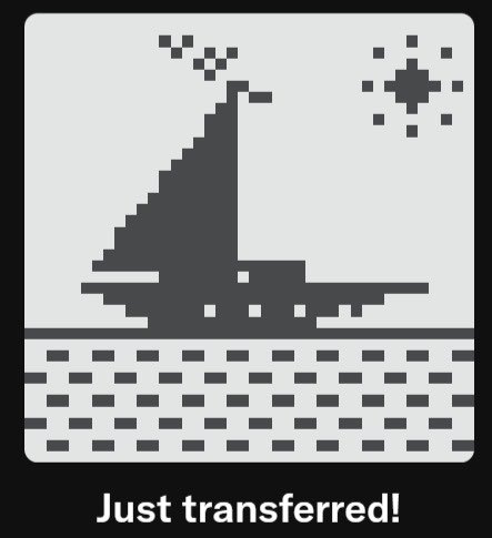 A simple pixel art graphic of a sailboat on water with the sun in the sky, and the text "Just transferred!" at the bottom.