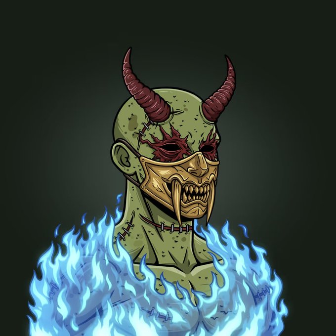 This cartoon shows a green-skinned demon with his image etched on an NFT. The NFT seemingly has some relevance to the @FallenNeogods account and 1/1 refers to their unique collection which is relevant in the cartoon as there are no other demons displayed. Accumulating more funds when doing something right can show success as seen in the post.