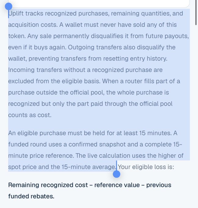 The image displays a text excerpt explaining the eligibility rules for an airdrop, noting that recognized purchases must be held for at least 15 minutes, wallets cannot sell or transfer the token without losing eligibility, and eligible loss is calculated as remaining recognized cost minus reference value minus previous funded rebates—directly illustrating the post's warning that selling or transferring the $UP token permanently disqualifies users from future payouts.