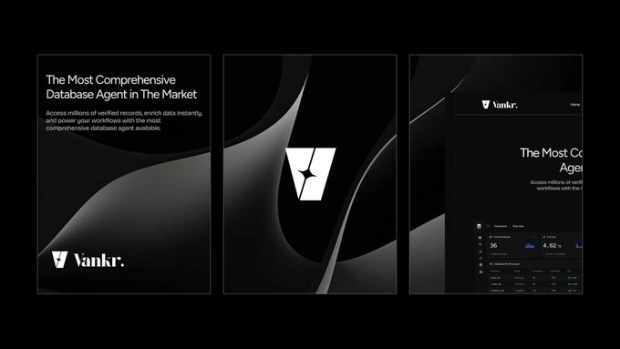 Three promotional graphics for 'Vankr.', described as 'The Most Comprehensive Database Agent in The Market,' featuring sleek dark designs with abstract waves and a dashboard interface.