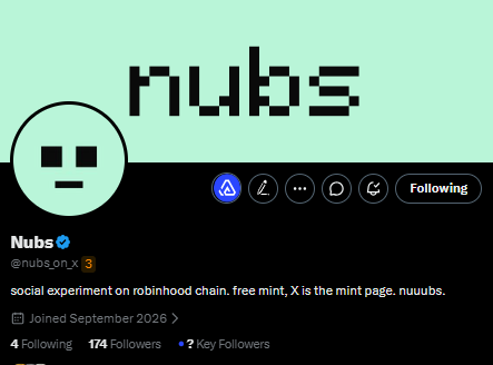 A social media profile page for "Nubs" (@nubs.on.x), a verified account described as a "social experiment on robinhood chain" featuring a minimalist pixel-art logo.