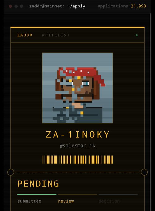 A dark-themed UI panel displays a pixel art avatar with a red bandana, labeled "ZA-1INOKY" with the handle "@salesman_1k" and a barcode, showing "PENDING" status with a progress bar at the "review" stage under the header "ZADDR WHITELIST."