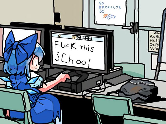 An anime illustration of a blue-haired character in a computer lab with a monitor displaying 'Fuck this SCool' handwritten text.