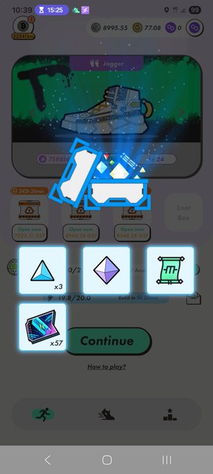 A mobile game screen showing a shoe graphic and rewards icons (triangle, diamond, scroll, and a card) overlaid with a large, light blue 'TAAP' watermark.