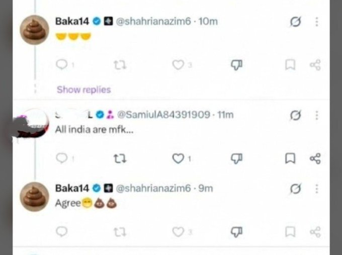 A screenshot of Twitter/X replies where user @SamiulA84391909 says "All india are mfk..." and user Baka14 (@shahriannazim6) replies with laughing and poop emojis followed by "Agree".