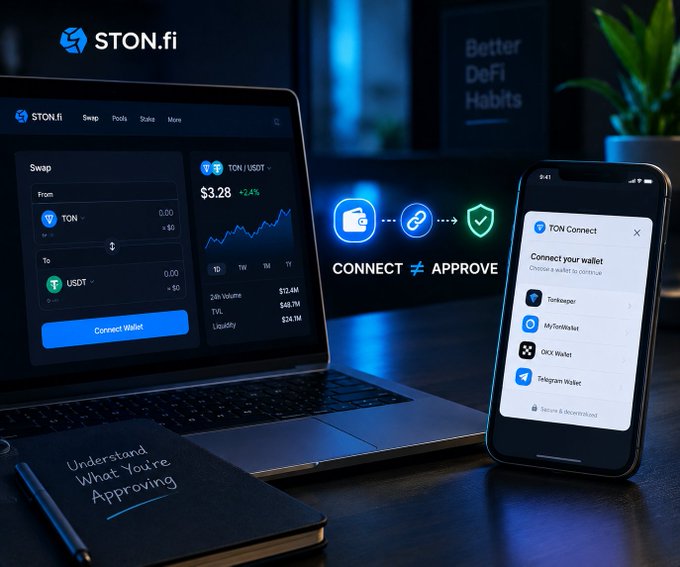A desktop and mobile mockup showing STON.fi DeFi platform with a laptop displaying a TON/USDT swap interface priced at $3.28, alongside a smartphone showing TON Connect wallet options including Tonkeeper, MyTonWallet, OKX Wallet, and Telegram Wallet, with 'CONNECT ≠ APPROVE' branding.