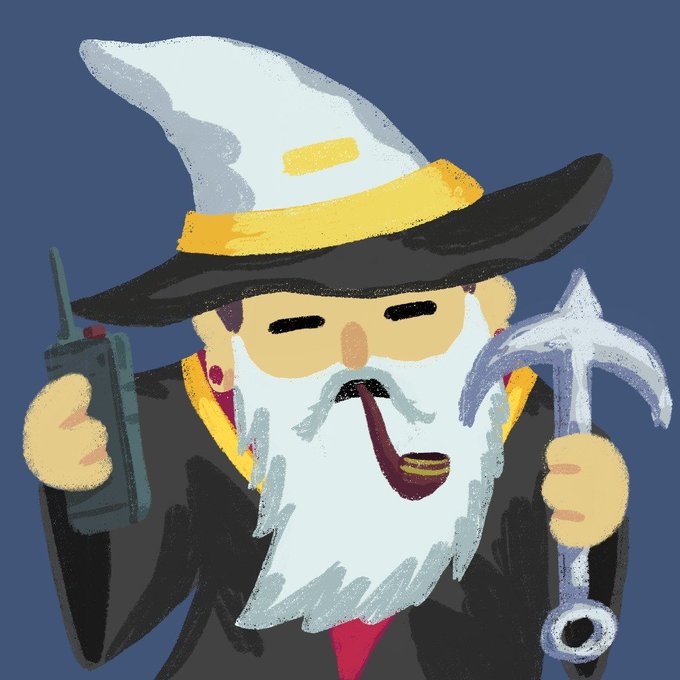 A stylized digital drawing portrays a bearded wizard in a white hat and dark robes, smoking a pipe while holding a large key and a walkie-talkie.
