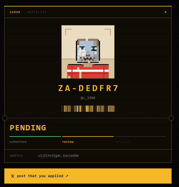 A pixel-art styled whitelist application screen for 'ZADDR' showing a cartoon avatar with the ID 'ZA-DEDFR7' (@v_3394), marked as 'PENDING' in the review stage, with a Zcash address and a link to post about the application.