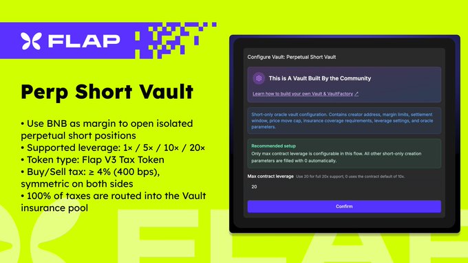 This image depicts a screen of a website for a cryptocurrency vault with various buttons, including "Perp Short Vault", "Flap V3 Tax Tokens", and "How it works". Below this information, there's text explaining that users can use BNB as margin for trading tokens in the short-only vault. The image also contains some numbers such as '1/5', '10x', and '4%' which are likely related to the cryptocurrency market or calculations.