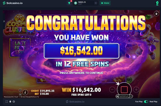 A screenshot from Solcasino.io displays a vibrant "CONGRATULATIONS" pop-up announcing a win of $16,542.00 from 12 free spins on a cosmic-themed slot game, with the bettor's balance increased from a $10 bet to nearly $19,895.25 in credits—visually confirming the post's claim of turning $10 into over $16,000.