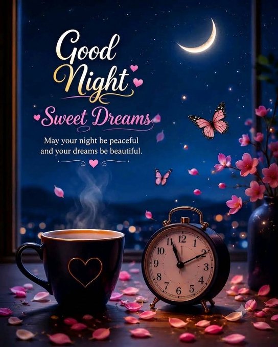 A 'Good Night Sweet Dreams' greeting image featuring a steaming coffee cup with a heart design, a vintage alarm clock showing approximately 10:10, pink butterflies, cherry blossoms, and a crescent moon against a starry night sky.