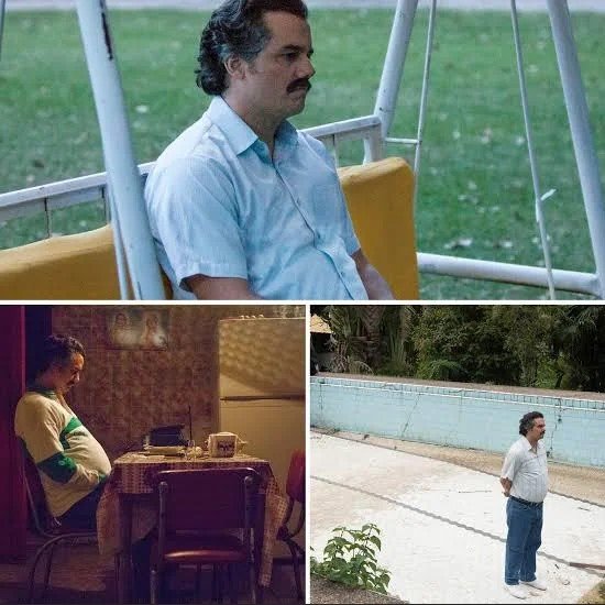 A collage of three photos showing the same mustached man in different settings: sitting on a yellow swing, standing indoors by a table, and standing alone outdoors by a pool.