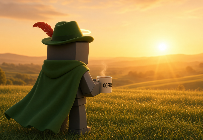A blocky figure wearing a green hat with a red feather and a matching cape stands in a grassy field at sunset, holding a steaming mug labeled "COFFE" while gazing over the horizon. The image whimsically captures the start of a "good morning machine domination," with the cape-clad protagonist enjoying coffee as the sun rises over its expanding territory.