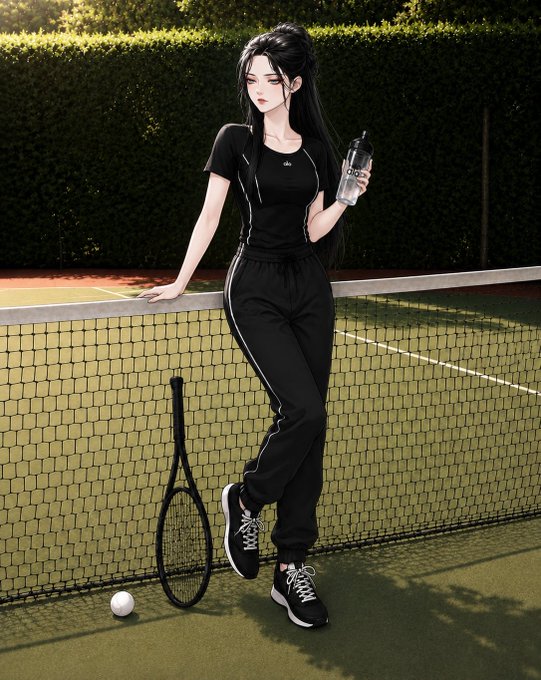An anime-style illustration of a young woman in black athletic wear holding a water bottle and leaning against a tennis net with a racket and ball at her feet.
