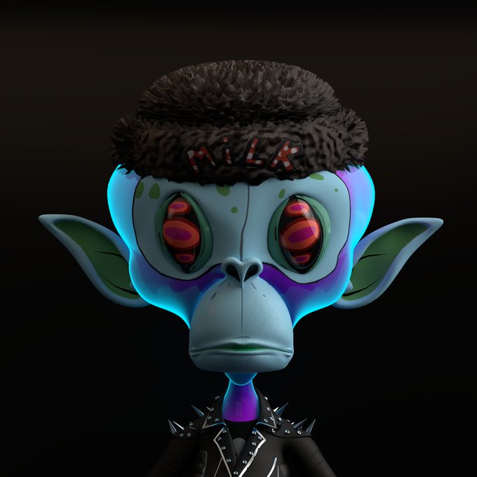 A 3D-rendered character with large glowing red eyes, wearing a fuzzy black hat with 'HATER' text and a spiked black jacket against a dark background.