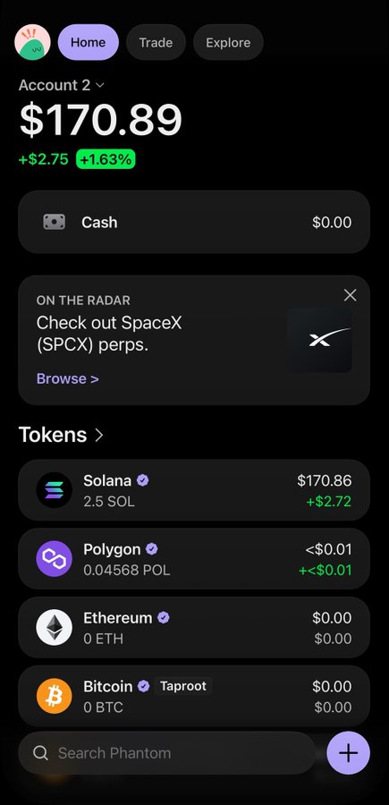 A screenshot of a Phantom wallet showing Account 2 with a balance of $170.89 (+$2.75, +1.63%), holding 2.5 SOL worth $170.86. The image relates to the post by displaying the user's Solana holdings, likely to demonstrate their SOL balance for a potential airdrop or giveaway drop.