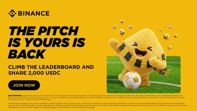 A Binance promotional banner features a yellow mascot wearing a soccer scarf standing next to a ball, with text announcing "THE PITCH IS YOURS IS BACK" and promoting a 2,000 USDC prize pool leaderboard competition, complementing the post's call to join the football finals-themed event on Binance Discord.