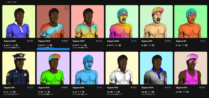 A grid of NFT collectible profile pictures (PFPs) labeled 'Siygina' with various Ethereum-based traits, prices, and last sale values displayed beneath each cartoon-style portrait.