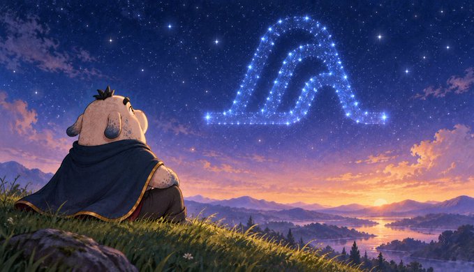 An anime-style illustration of a small horned character in a cloak gazing at a glowing blue constellation resembling a hand symbol against a starry sunset sky over a valley.