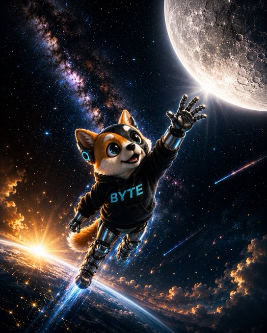 Digital artwork of a robotic Shiba Inu dog wearing a black hoodie labeled "BYTE", reaching toward a moon with a galaxy and Earth in the background.
