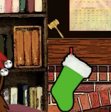 A green Christmas stocking hangs on a brick wall beneath a wooden gavel, with a bookshelf and a September calendar visible in the background, illustrating the symbolic connections described between law, September, Bitcoin, and molasses.