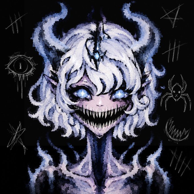 The image features a woman with white hair styled in an evil or demonic manner, giving her a creepy appearance. The background of the image is black, which contrasts with the woman's white hair. There are several drawings of skulls scattered throughout the scene, adding to the overall eerie atmosphere. In addition, there are some numbers and symbols present on the image that could be interpreted as a code or reference to a specific event or concept related to the post. The caption provided suggests that this image is part of a giveaway for Demoonz followers, with a link to an article about ethically-sourced cryptocurrency called "ETH Chain".