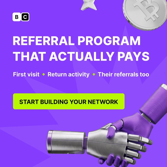 A promotional advertisement on a purple background for a "REFERRAL PROGRAM THAT ACTUALLY PAYS" with a Bitcoin coin and a robotic handshake, featuring a "START BUILDING YOUR NETWORK" button.