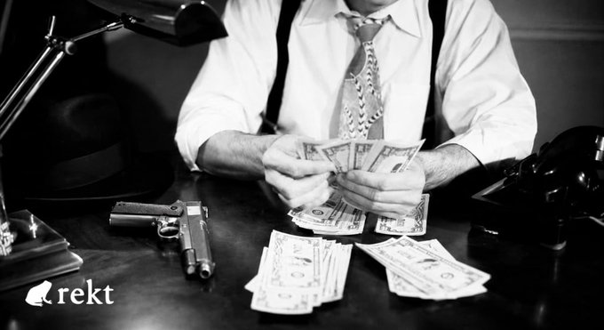 A black-and-white image shows a man in a white shirt and patterned tie counting stacks of US dollar bills at a desk, with a handgun resting beside the cash and a fedora nearby, evoking a vintage noir-style crime scene. The "rekt" logo appears in the bottom left corner, and the imagery metaphorically illustrates the post's story of a $3.87M theft from a BNB Chain vault serving @near_intents, where valid signed authorizations were exploited to drain funds like a heist.