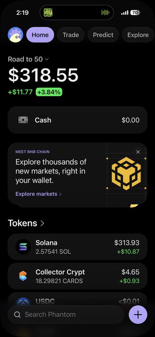 Screenshot of the Phantom crypto wallet app with a total balance of $318.55, showing holdings of 2.57541 SOL ($313.93) and 18.29821 Collector Crypto (CARDS).