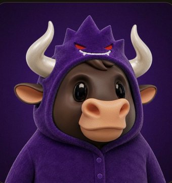 A 3D-rendered cartoon cow character wearing a purple hooded costume with white horns and a mischievous grin against a dark purple background.