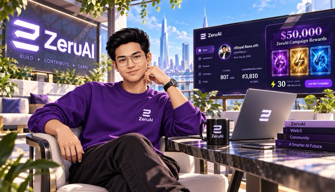 A digital illustration of a young man in a purple ZeruAI sweatshirt sitting at a table with a laptop and mug, with a ZeruAI dashboard displaying "$50,000 ZeruAI Campaign Rewards" in the background.
