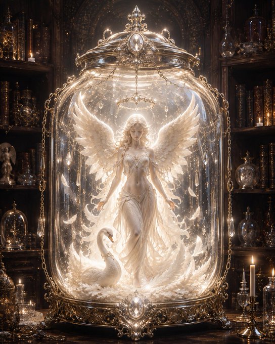 An ornate decorative glass jar with gold filigree containing a luminous angel figurine with white wings, accompanied by a swan, set against a backdrop of bookshelves with candles and crystal decanters.