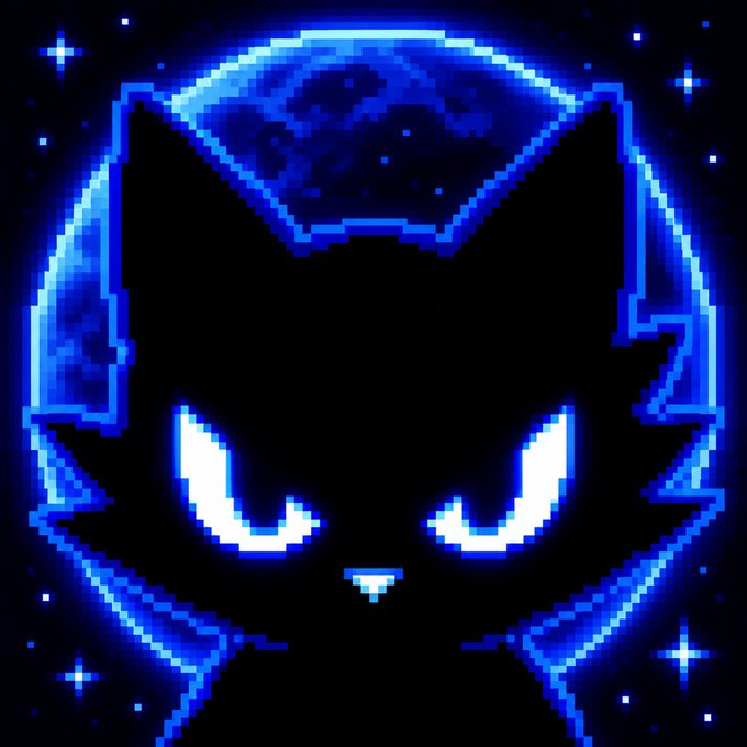 A pixel art silhouette of a black cat with glowing blue outlines set against a full moon and starry night sky, matching the $BYTECLAW memecoin branding for the Solana blockchain project.