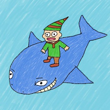 A whimsical hand-drawn illustration shows a smiling elf-like character in a green tunic and red-and-green striped pointed hat standing triumphantly atop a large, grinning blue shark against a streaky sky-blue background, visually representing the character's inseparable bond with his childhood pet shark as described in the accompanying post about the collection's 6% contribution.