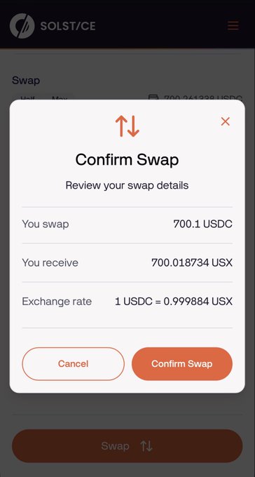 A screenshot of a SOLST/CE crypto swap confirmation screen showing 700.1 USDC being swapped for 700.018734 USX at an exchange rate of 1 USDC = 0.999884 USX.