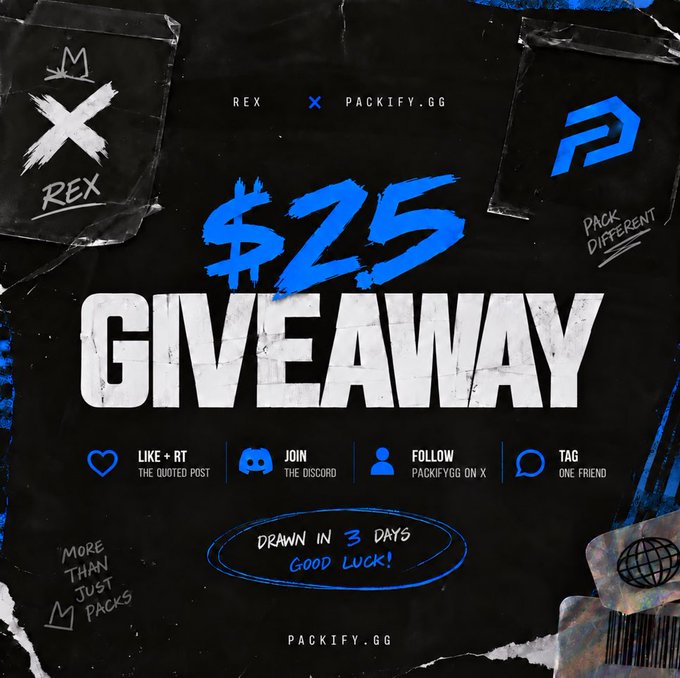 A promotional giveaway graphic by REX x Packify.gg offering $25, featuring entry steps (like/retweet, join Discord, follow PackifyGG on X, tag a friend) and announcing the draw in 3 days, directly matching the post's details about the $SOL giveaway and Discord link.