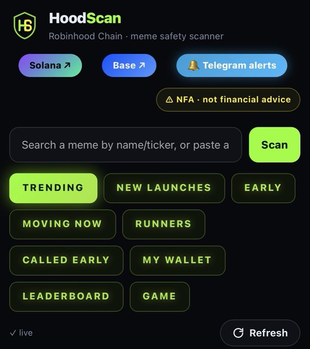 HoodScan app interface for Robinhood Chain meme safety scanner on Solana and Base networks, featuring categories like Trending, New Launches, and Early.