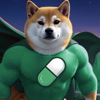 A digital illustration of a Shiba Inu dog wearing a green superhero costume with a pill-shaped logo on the chest.