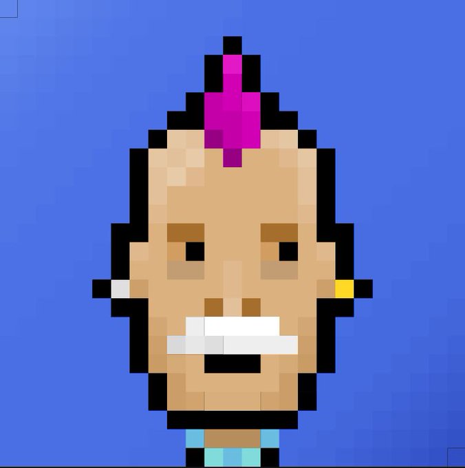 A pixel art portrait of a character with a purple mohawk, earrings, and white teeth against a blue background.