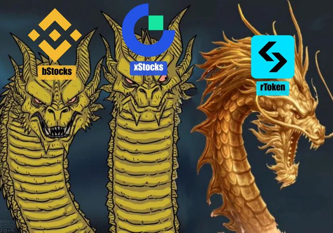 The image shows three golden dragons, each labeled with a tokenized stock platform: "bStocks" (Binance, yellow logo), "xStocks" (blue logo), and "rToken" (Rcoin, cyan logo), visually illustrating that tokenized stocks across different platforms may differ in their offerings, backing, and liquidity sources—just as the dragons share a form but have distinct features.