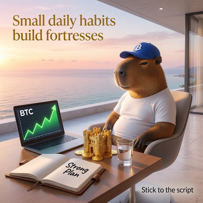 AI-generated image of a capybara wearing a Bitcoin cap, sitting at a desk with a laptop showing a BTC price chart, a gold coin castle, and a notebook labeled 'Strong Plan,' with the text 'Small daily habits build fortresses' and 'Stick to the script.'