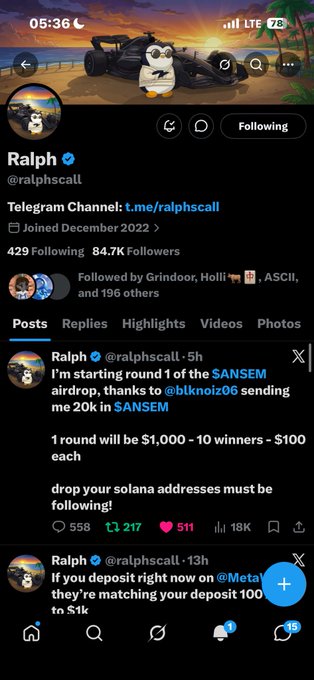 Twitter/X profile screenshot of 'Ralph' (@ralphscall) with 84.7K followers, showing posts about a SANSEM airdrop ($1,000 round, 10 winners of $100 each) and a Meta deposit matching promotion.