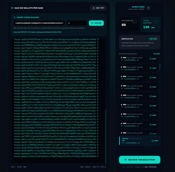 A KasWare Wallet interface for 'Max 100 Wallets per Mass' CSV/TXT import tool, showing 100 token holder addresses on Kaspa blockchain with 99 recipients marked SENT and a 'Review Transaction' button for 1.98 KAS total.