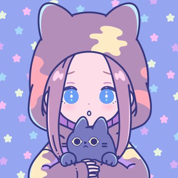 A cute anime-style illustration of a girl with pink and purple hair wearing a cat-eared hoodie, holding a small black cat against a starry background.