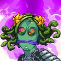 Fantasy character illustration of a green-skinned Medusa-like figure with snakes for hair, wearing a purple blindfold, a golden crown, and green armor against a purple energy background.