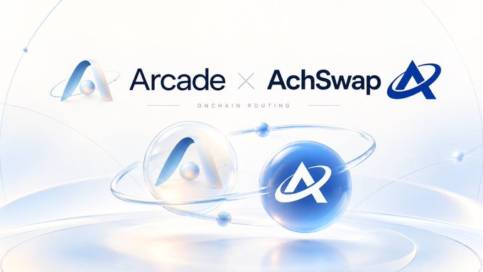 A promotional graphic announcing a partnership between "Arcade" and "AchSwap" for onchain routing, featuring their logos atop stylized glass-like spheres with orbital rings, matching the post's call to trade Arcade tokens on the AchSwap platform.