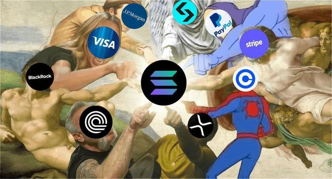 The image reimagines Michelangelo's "Creation of Adam" with the Solana ($SOL) logo replacing the divine touch point between hands, surrounded by finance industry giants including Visa, BlackRock, JPMorgan, PayPal, Stripe, Circle, and Ondo—suggesting Solana as the central, unifying force in modern finance.