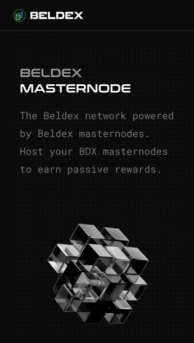 An advertisement for 'BELDEX MASTERNODE' explaining that users can host BDX masternodes to earn passive rewards, featuring a 3D geometric cube graphic on a dark background.