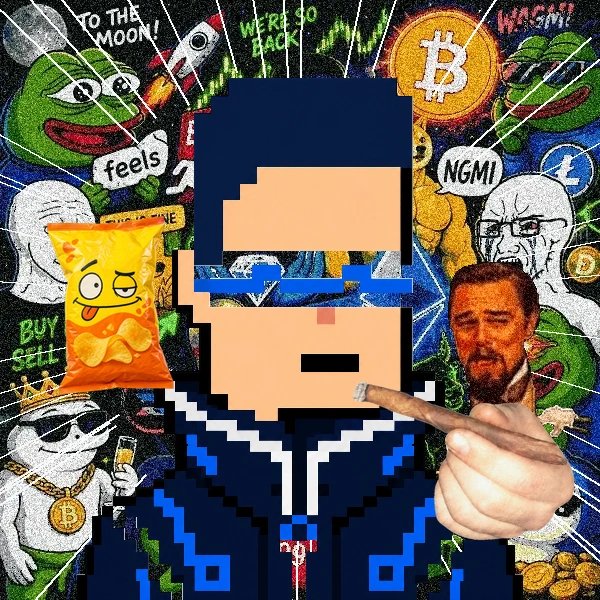 A pixel-art character with a cigar stands against a chaotic background featuring crypto memes, Pepe the Frog, Bitcoin, and text like 'TO THE MOON!', 'WE'RE SO BACK', and 'NGMI'.